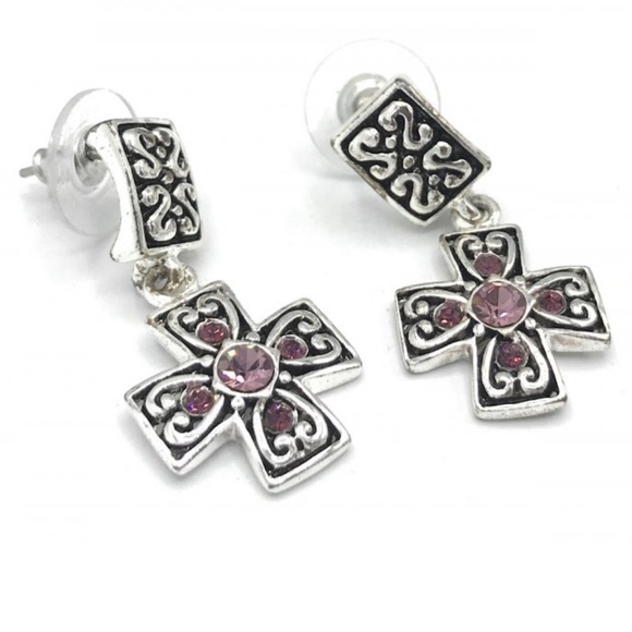 Ornate Silver and Pink Cross Earrings - Picture 1 of 7